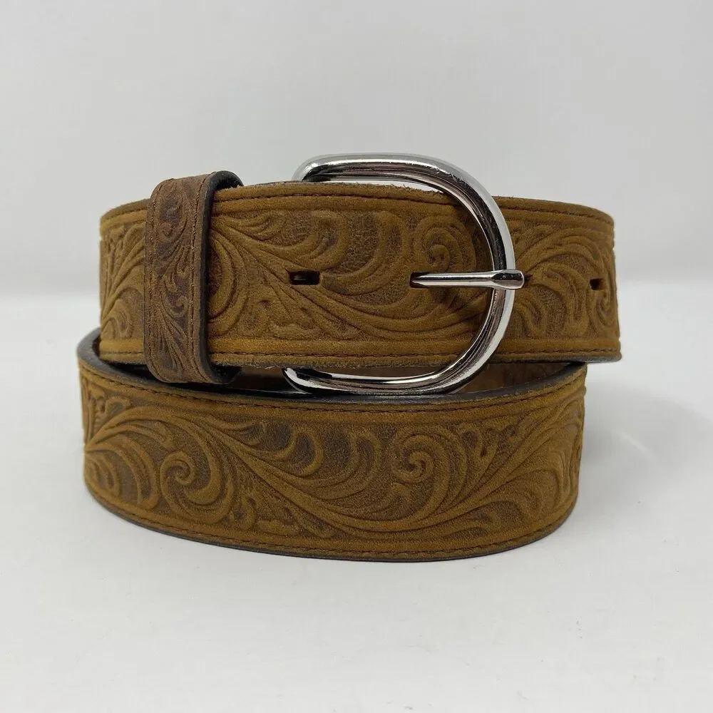Justin Men's 30 USA Tan Belt Western Scroll Tooled Top Grain Soft Leather Cowboy